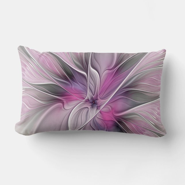 Coussin Rectangle Floral Fractal moderne Fleur Abstraite rose gris (Recto)