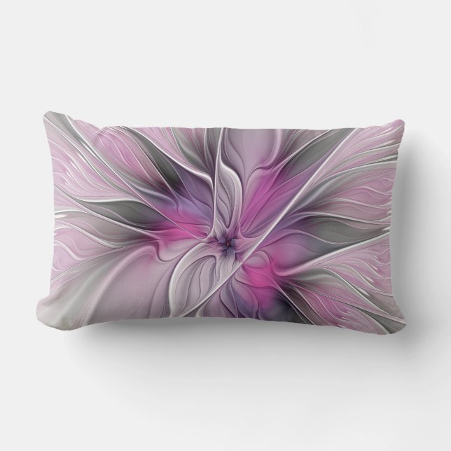 Coussin Rectangle Floral Fractal moderne Fleur Abstraite rose gris (Recto)