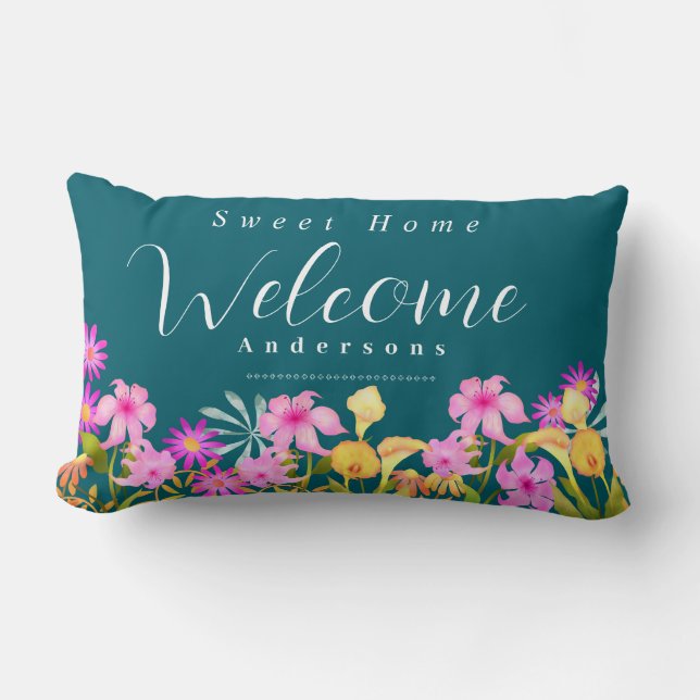Coussin Rectangle Floral Garden Teal Welcome Throw Pillow (Recto)