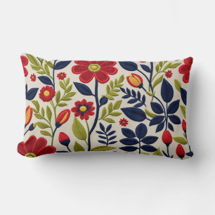 Coussin Rectangle Floral rouge, vert, bleu et blanc