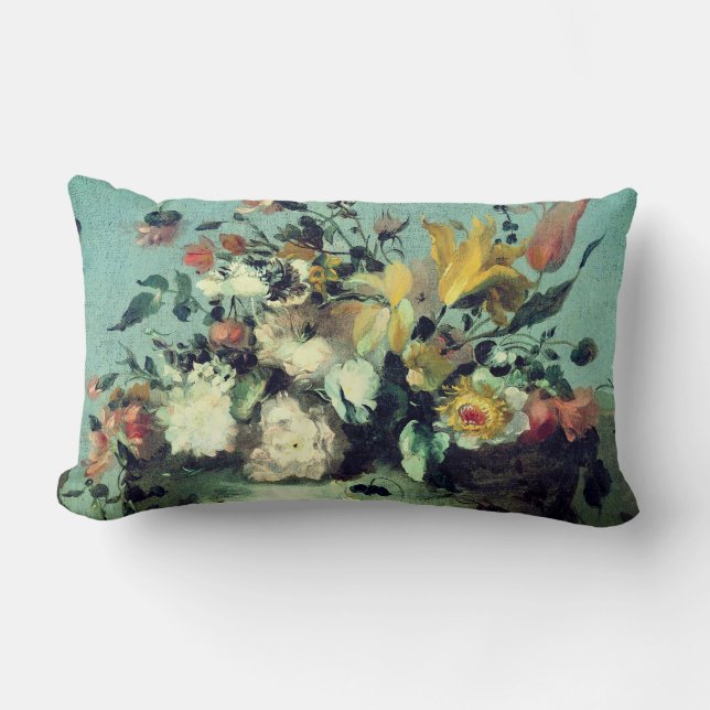Coussin Rectangle Flores romantiques sur Turquoise (Recto)