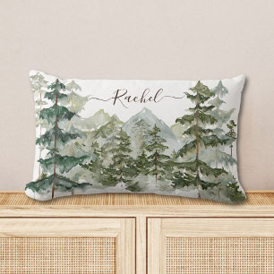 Coussin Rectangle Forêt de pins et montagne rustique à l'aquarelle