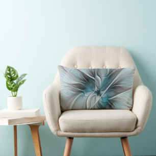 Coussin Rectangle Fractal Floral Moderne Abstrait Fleur Bleu Gris