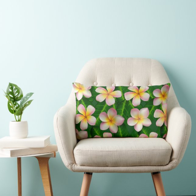 Coussin Rectangle Frangipani Plumeria Fleurs sur les Feuilles verts (Chaise)