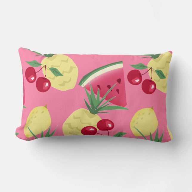 Coussin Rectangle Fruits juteux sur un arrière - plan rouge rose. (Recto)