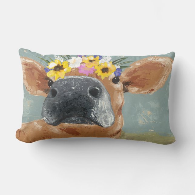 Coussin Rectangle Fun de ferme - Vache avec couronne de fleurs (Recto)