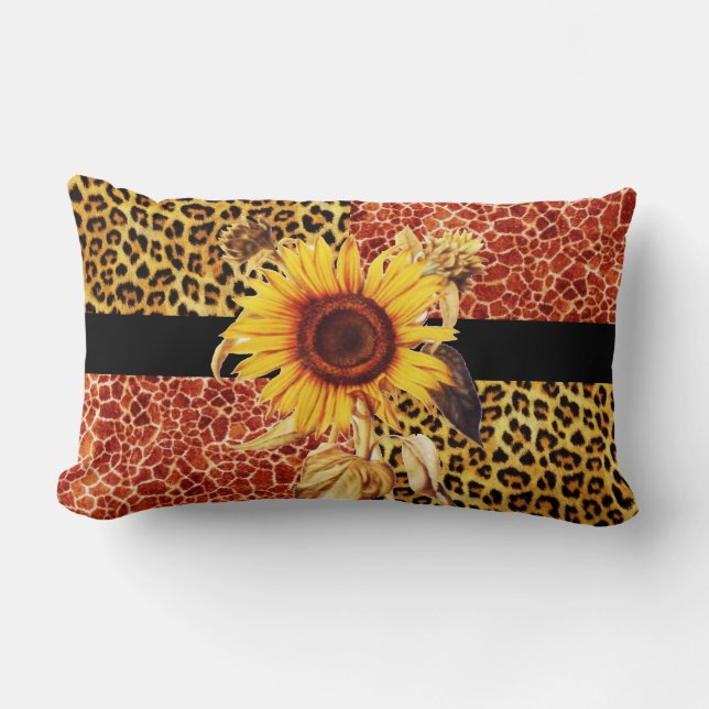 COUSSIN RECTANGLE GIRAFFE IMPRIMÉ, FOURRURE LÉOPARDE ET SOUFFRE (Recto)