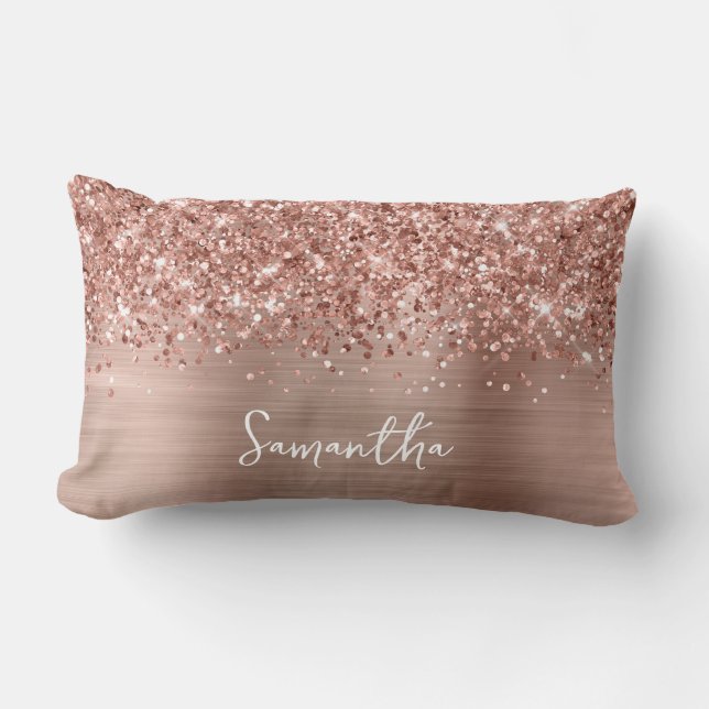 Coussin Rectangle Glitter Rose Gold Glam Nom du script (Recto)