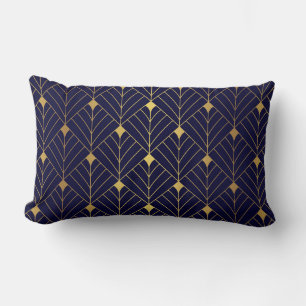 Coussin Rectangle Gold Navy Blue Art Deco Diamond Motif