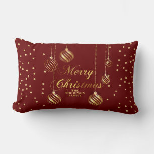 Coussin Rectangle Gold Script Confetti Red Family Christmas Balls