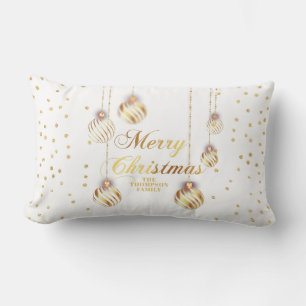Coussin Rectangle Gold Script Confetti White Family Christmas Balls