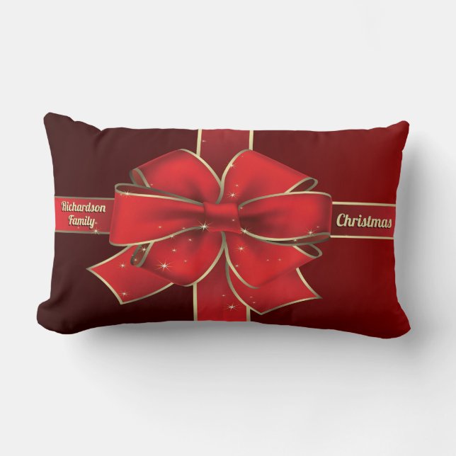 Coussin Rectangle Grand monogramme rouge de ruban de Noël de (Recto)