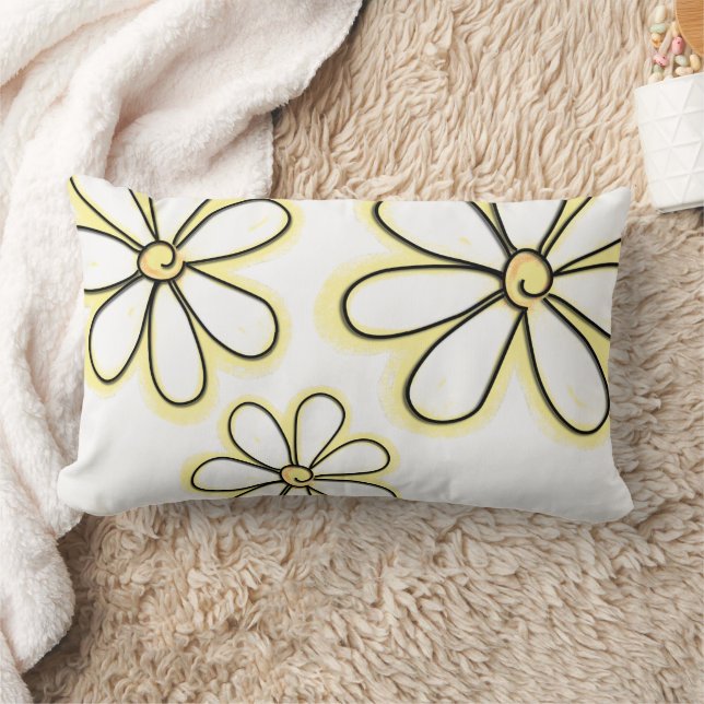 Coussin Rectangle Grandes Fleurs Jaunes Faisées Sur Motif Blanc (Couverture)