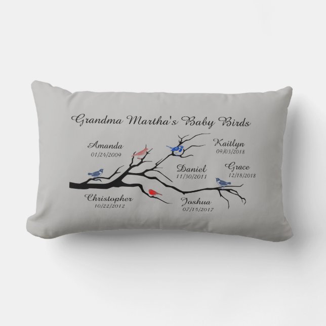 Coussin Rectangle Grandma Tree (oiseaux), personnaliser de 6 noms/da (Recto)