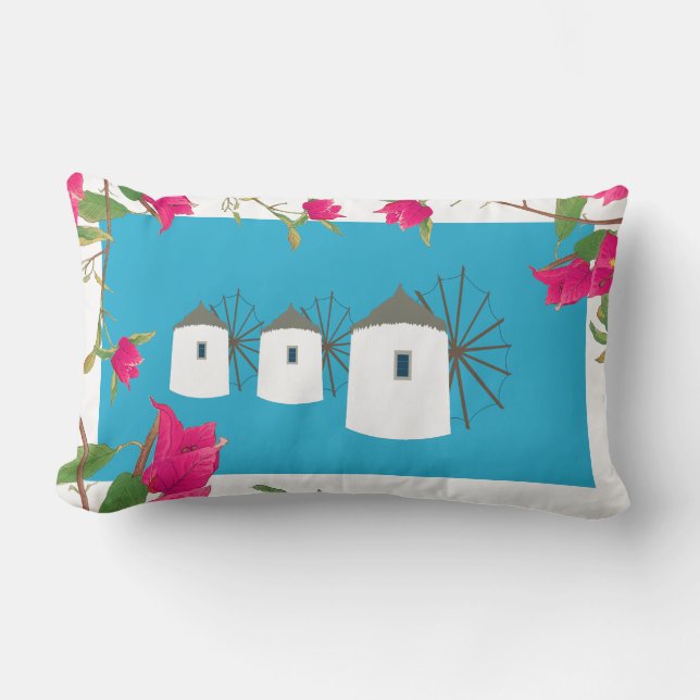 Coussin Rectangle Grèce Bougainvilliers Ile grecque Moulins à vent (Recto)