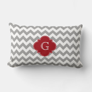 Coussin Rectangle Gris Blanc Chevron Cranberry Rouge Quatrefeuilles 