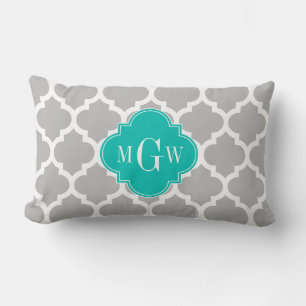 Coussin Rectangle Gris Blanc Marocain #5 Sarcelle 3 Initiale Monogra