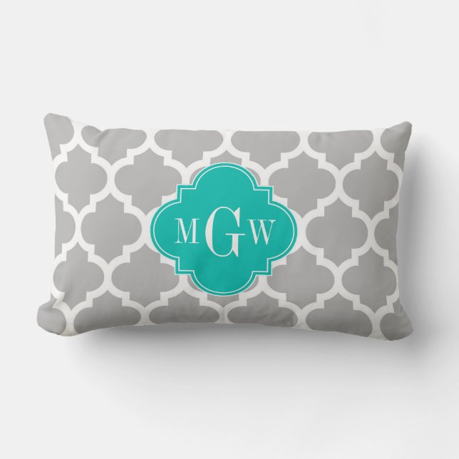 Coussin Rectangle Gris Blanc Marocain #5 Sarcelle 3 Initiale Monogra (Recto)