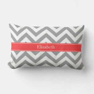 Coussin Rectangle Gris foncé Lg Chevron Corail Rouge Monogramme Nom
