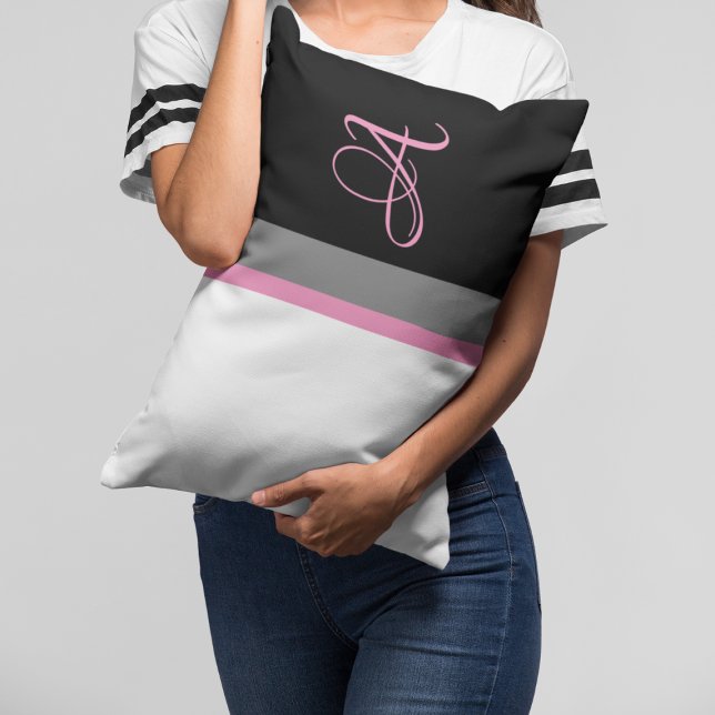 Coussin Rectangle Gris rose monogramme Gris noir rayé (Créateur téléchargé)