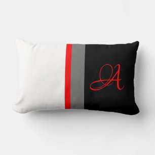 Coussin Rectangle Gris rouge blanc monogramme, rayé noir