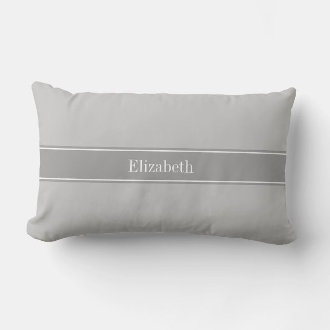Coussin Rectangle Gris Uni, Monogramme avec Ruban Gris Foncé (Recto)