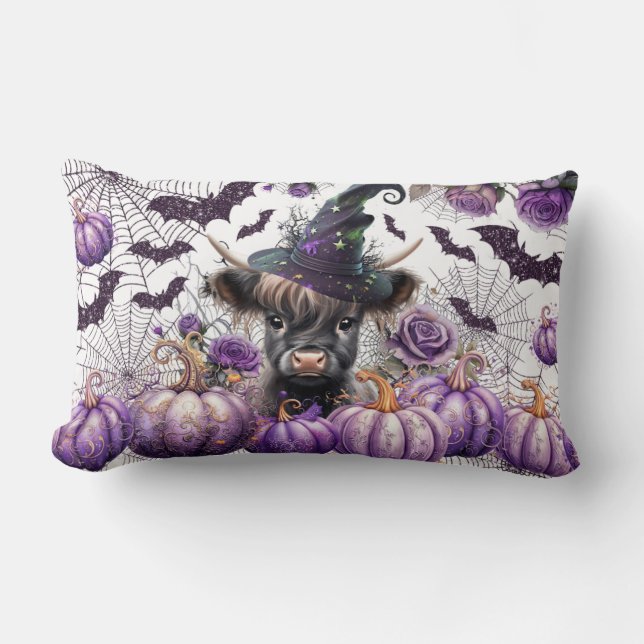 Coussin Rectangle Halloween Highland Vache sorcière violet Citrouill (Recto)