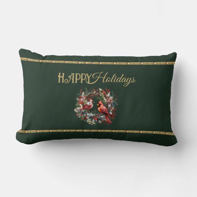 Coussin Rectangle Happy Holidays Lumbar Pillow with Cardinal Wreath (Recto)
