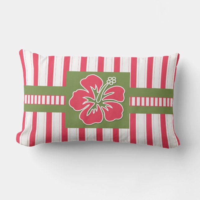 Coussin Rectangle Hibiscus rose chaud Monogramme vert citron (Recto)