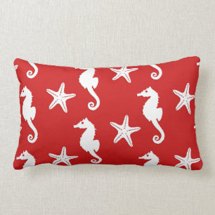 Coussin Rectangle Hippocampe et étoiles de mer - rouge de corail et