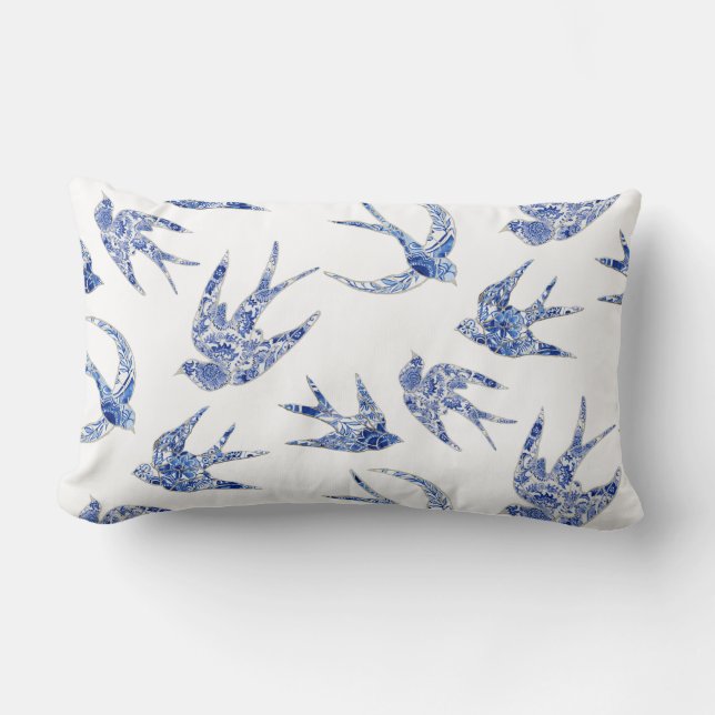 Coussin Rectangle Hirondelle florale Hirondelle blanche Chinoiserie  (Recto)