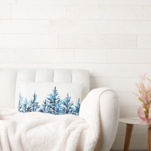 Coussin Rectangle Hiver Aquarelle Bleue Pins Arbres