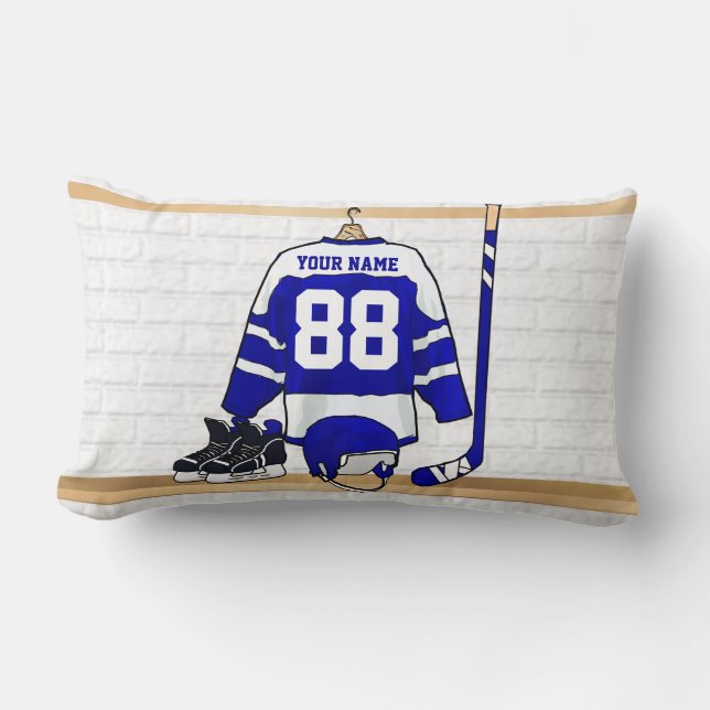 Coussin Rectangle Hockey sur glace bleu et blanc personnalisé Jersey (Recto)