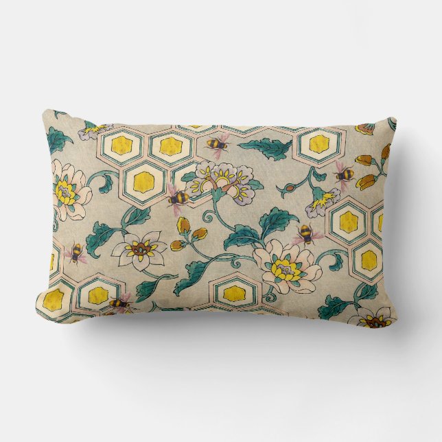 COUSSIN RECTANGLE HONEY BEEHES, BEEHIVES, PRINTEMPS FLEURS BEEKEEPER (Recto)