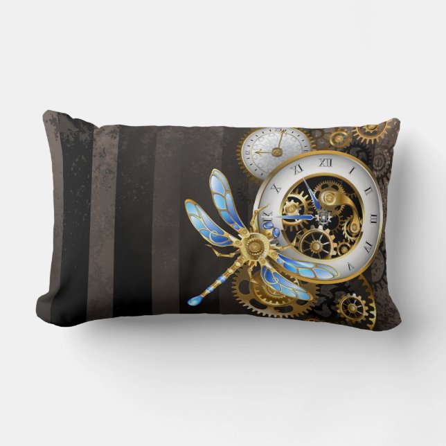 Coussin Rectangle Horloge à vapeur avec libellule mécanique (Recto)