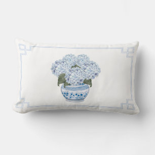 Coussin Rectangle Hortensia bleu dans un pot en chinoiserie 