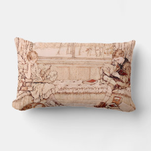 Coussin Rectangle Illustration cosy d'enfants lisant de style vintag
