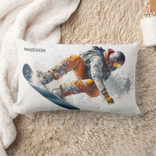 Coussin Rectangle Illustration de snowboarder de nom personnalisé