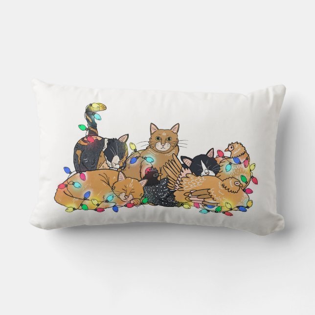 Coussin Rectangle Illustration des chats et poulets de Noël (Verso)