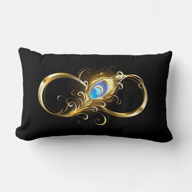 Coussin Rectangle Infinité avec plume de paon doré (Recto)