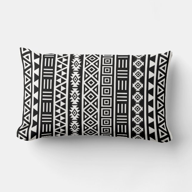 Coussin Rectangle Influence aztèque blanc Ptn vertical sur noir (Recto)