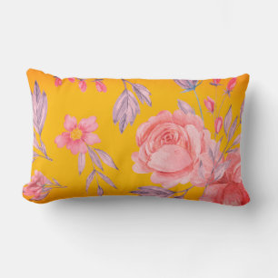 Coussin Rectangle Jaune et rose Floral Impression Lumbar Lisse oreil