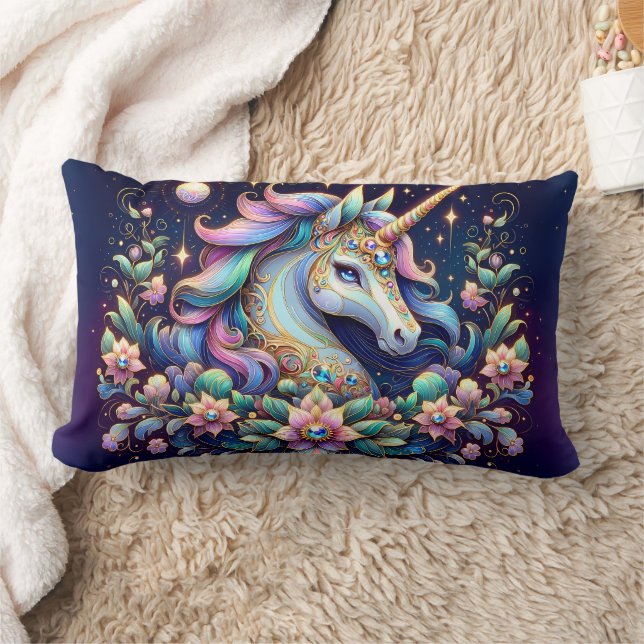 Coussin Rectangle Jewel Toned Unicorn Floral Fantasy (Couverture)