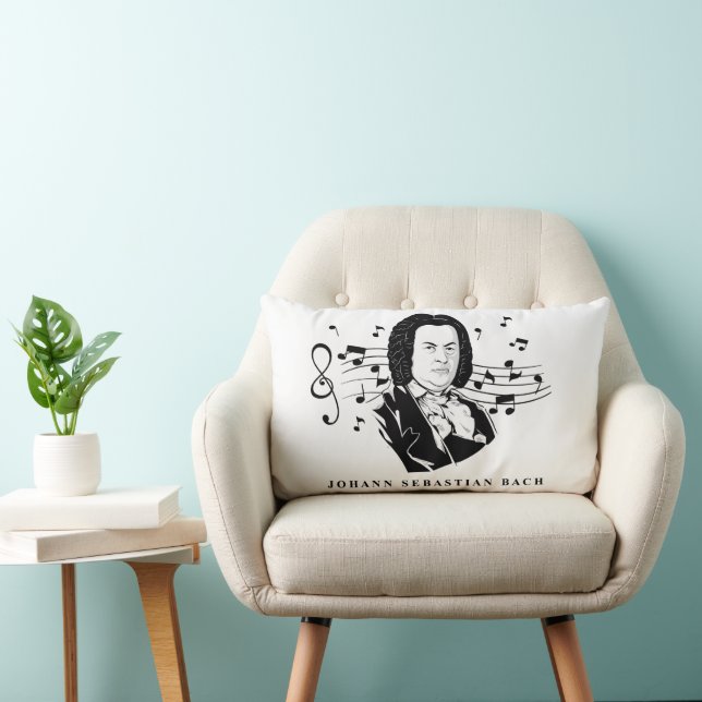 Coussin Rectangle Johann Sebastian Bach Portrait et buste avec notes (Chaise)