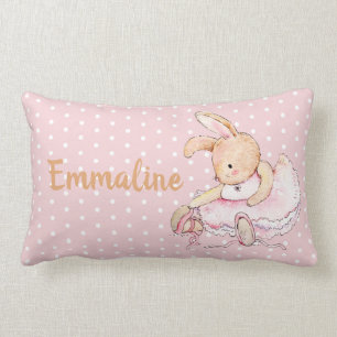 Coussin Rectangle Joli Lapin Ballerine Brun Rose Points de Polka Nom