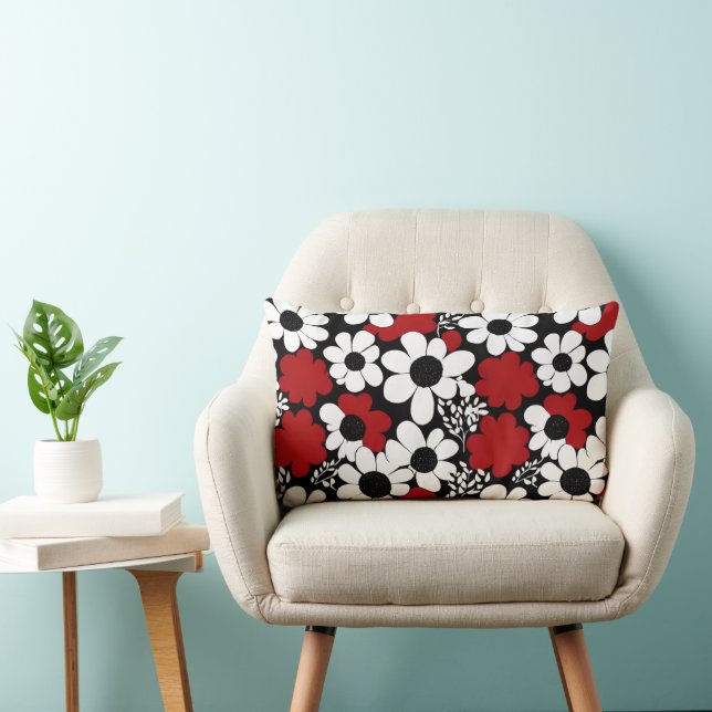 Coussin Rectangle Joli motif floral en rouge, noir et blanc (Chaise)