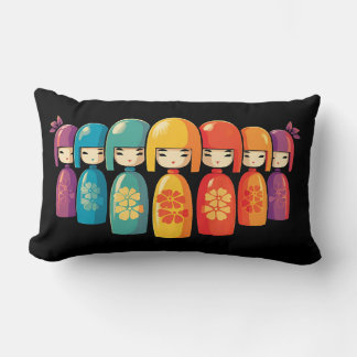 Coussin Rectangle Jolies poupées kokeshi japonaises colorées