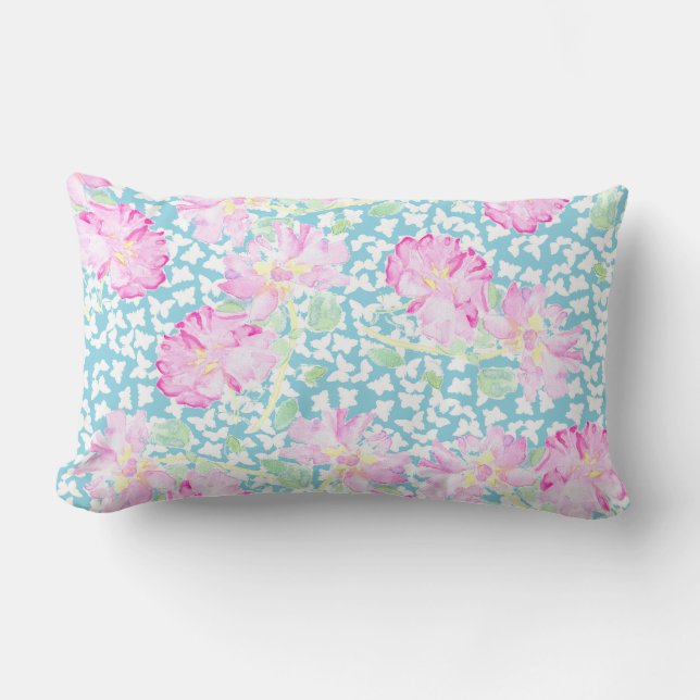 Coussin Rectangle Jolies roses roses, papillons blancs sur le bleu c