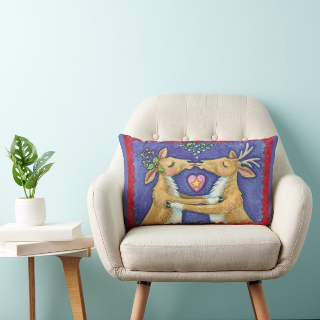 Coussin Rectangle Jolis rennes de Noël, baiser romantique avec du gu (Chaise)