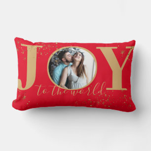 Coussin Rectangle Joy to the World Red and Gold Glittery Photo